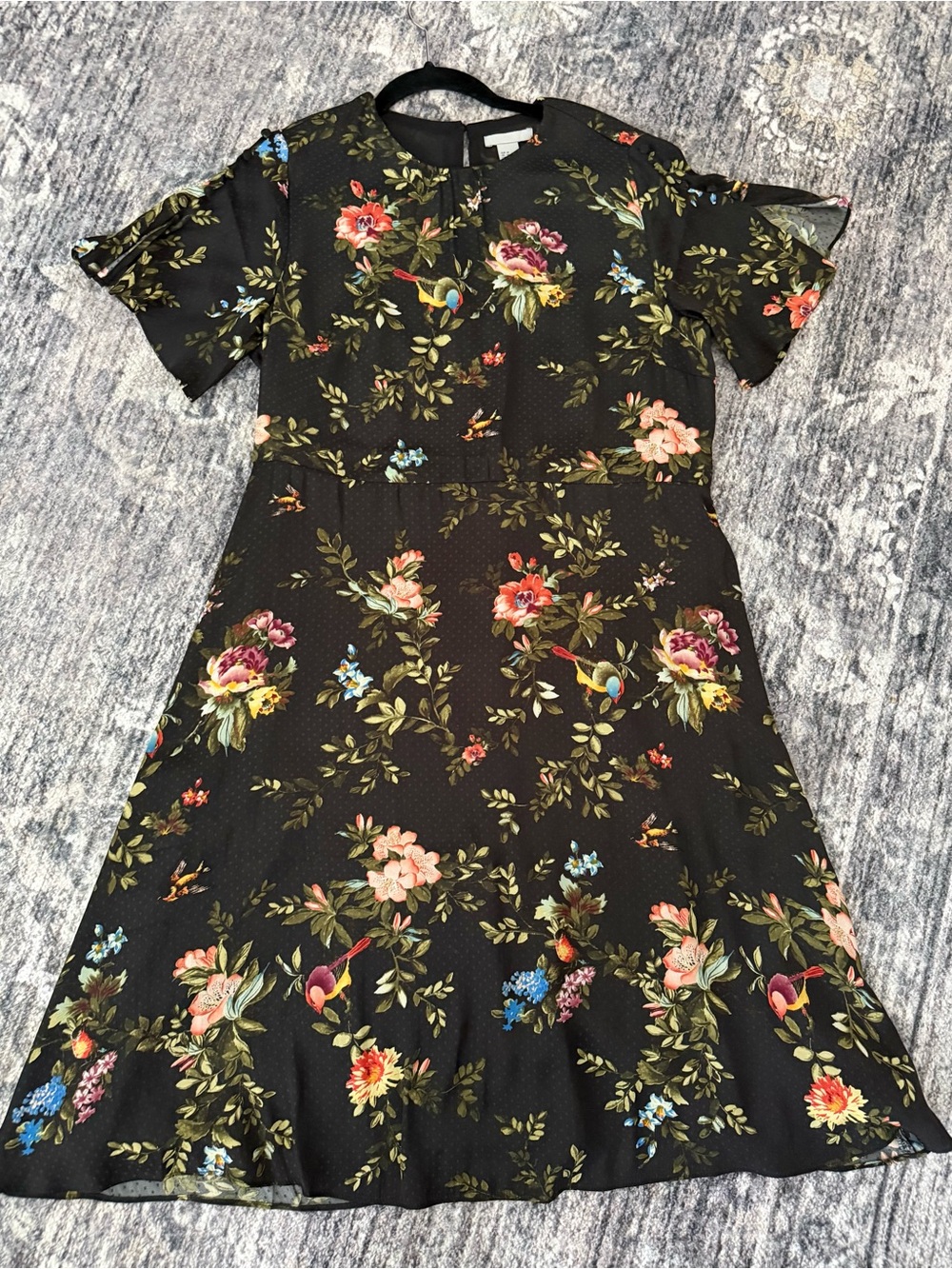 H&M Black Floral Dress with Multicolor Bouquet and Bird Motif